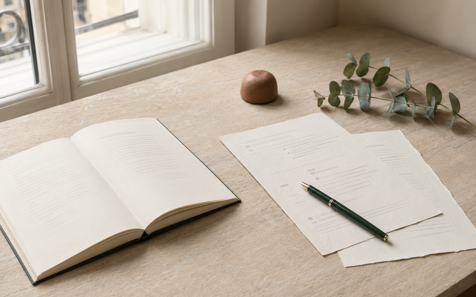 Mesa editorial con documentos, cuaderno y una rama de eucalipto